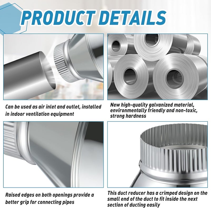 Otoolling 6 Inch to 4 Inch Duct Reducer Increaser Galvanized Steel Air Duct Adapter Round Crimped Pipe Connector Fitting Coupling for HVAC Ventilation Systems - Image 3
